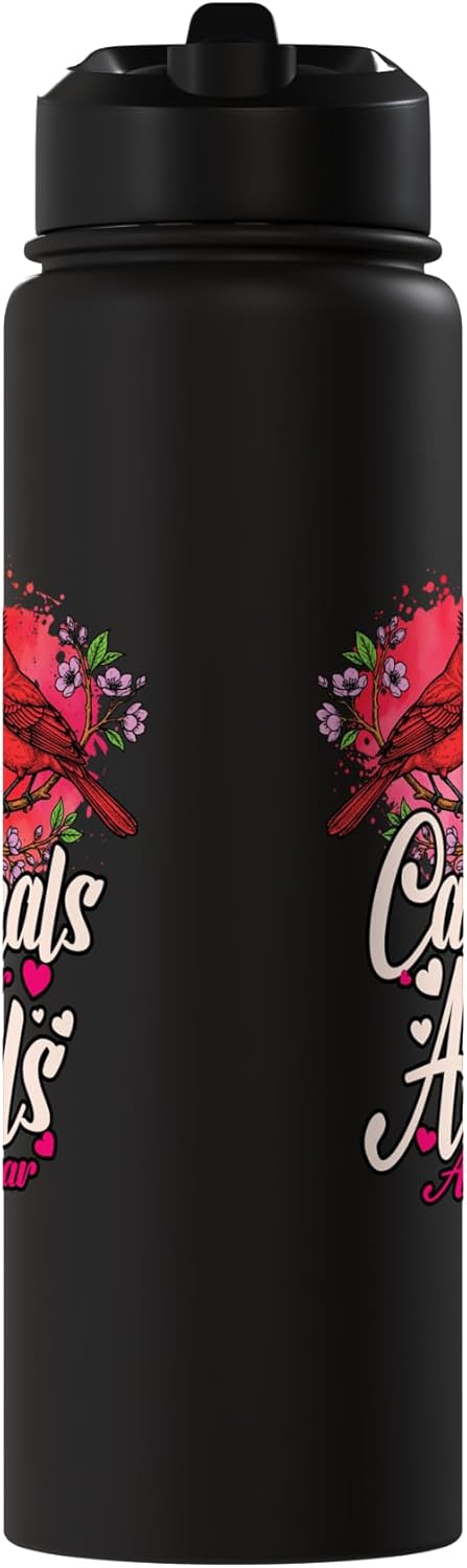Bote de agua aislado con corazón y cardenal en acero inoxidable