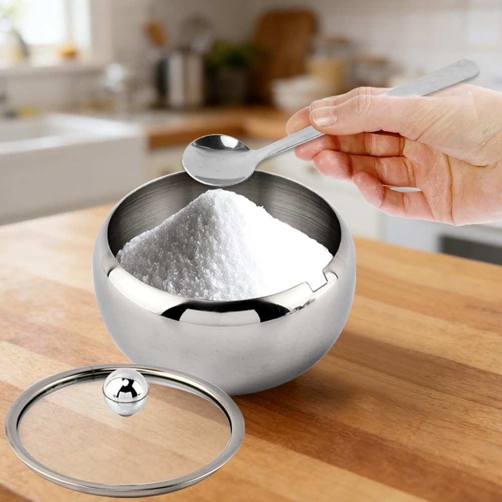 Azucarero de acero inoxidable con tapa y cuchara, 14 oz, para lavavajillas, ideal para cafetería y cocina
