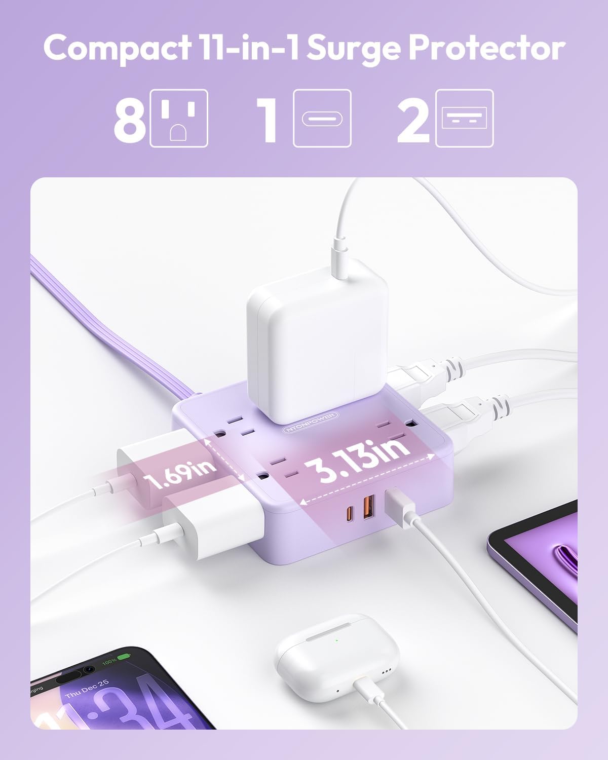 Cable extensión morado 5ft regleta sobretensiones 8 tomas USB 3