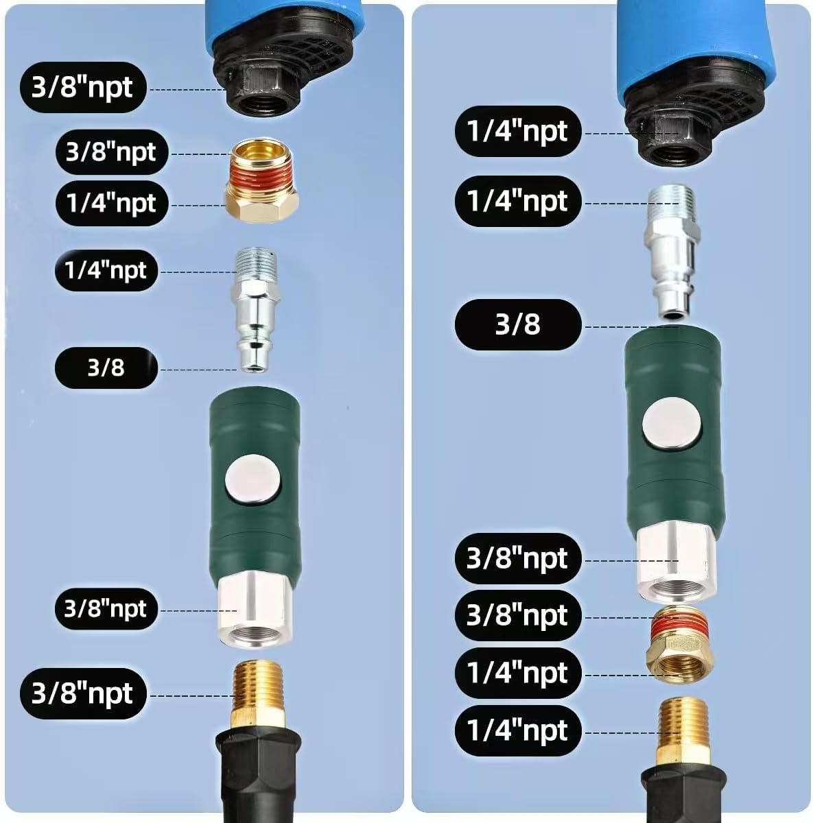 Acoplador aire FNPT 3/8 con botón y adaptadores