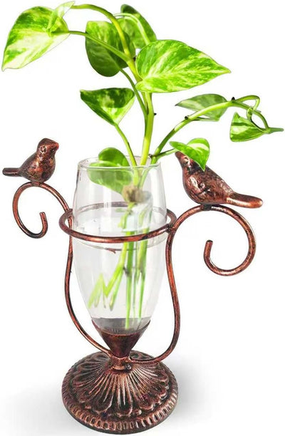 Maceta vidrio florero metal arte pájaros dobles decoración oficina