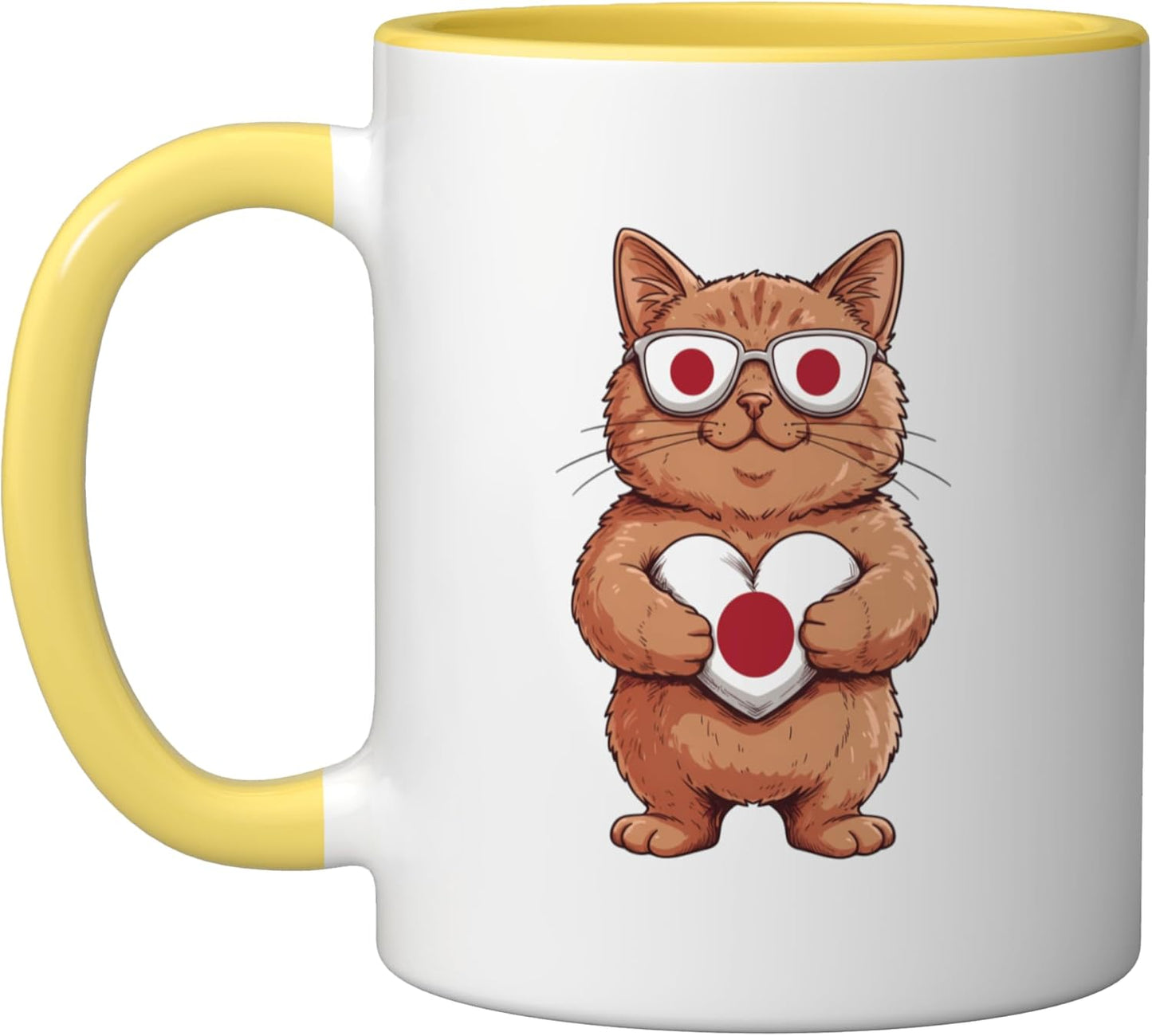 Taza Cerámica Japón con Bandera Gato Amarillo Blanco