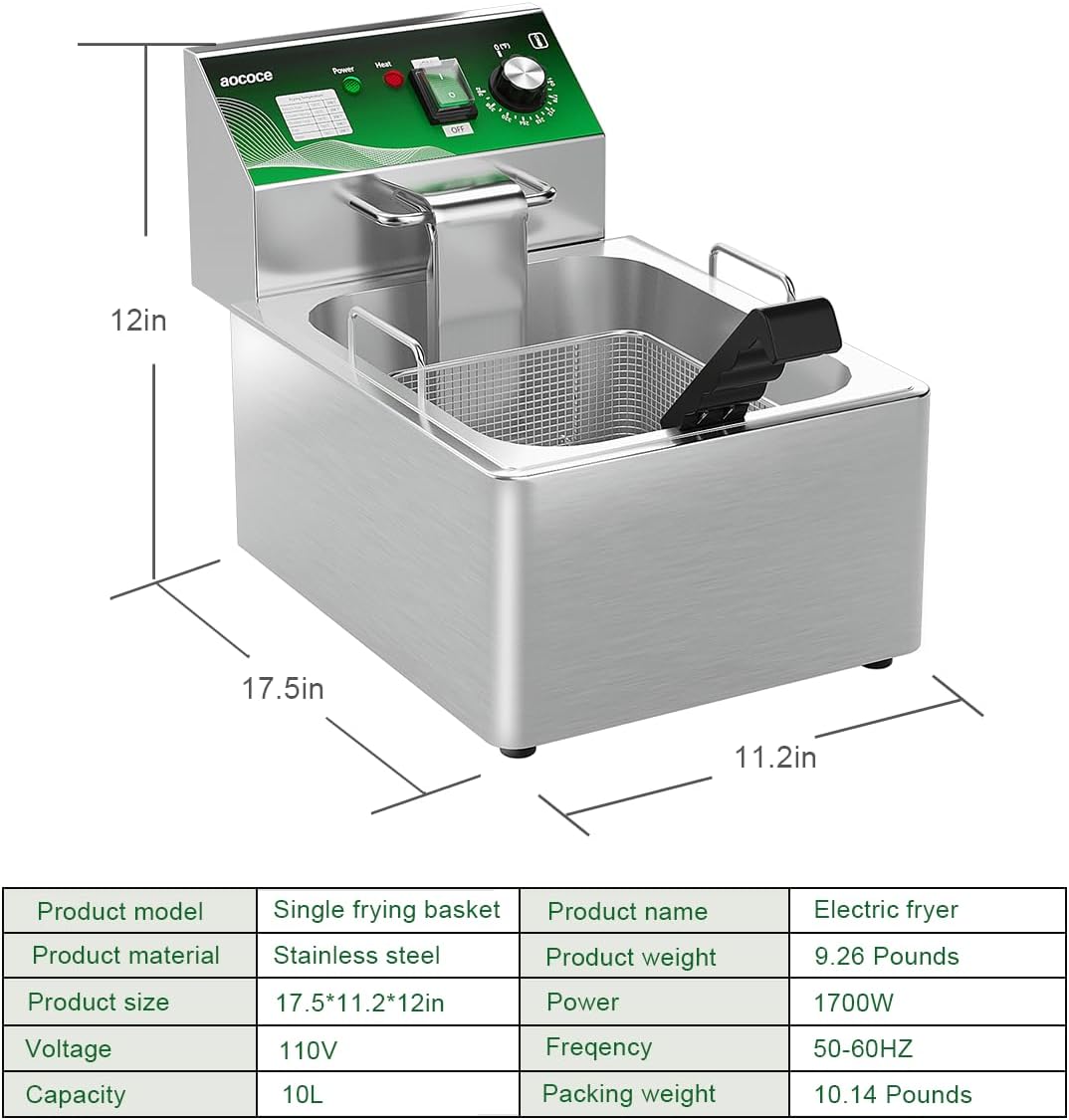 Freidora eléctrica 10L acero inox 1700W con cesta