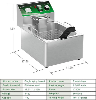 Freidora eléctrica 10L acero inox 1700W con cesta