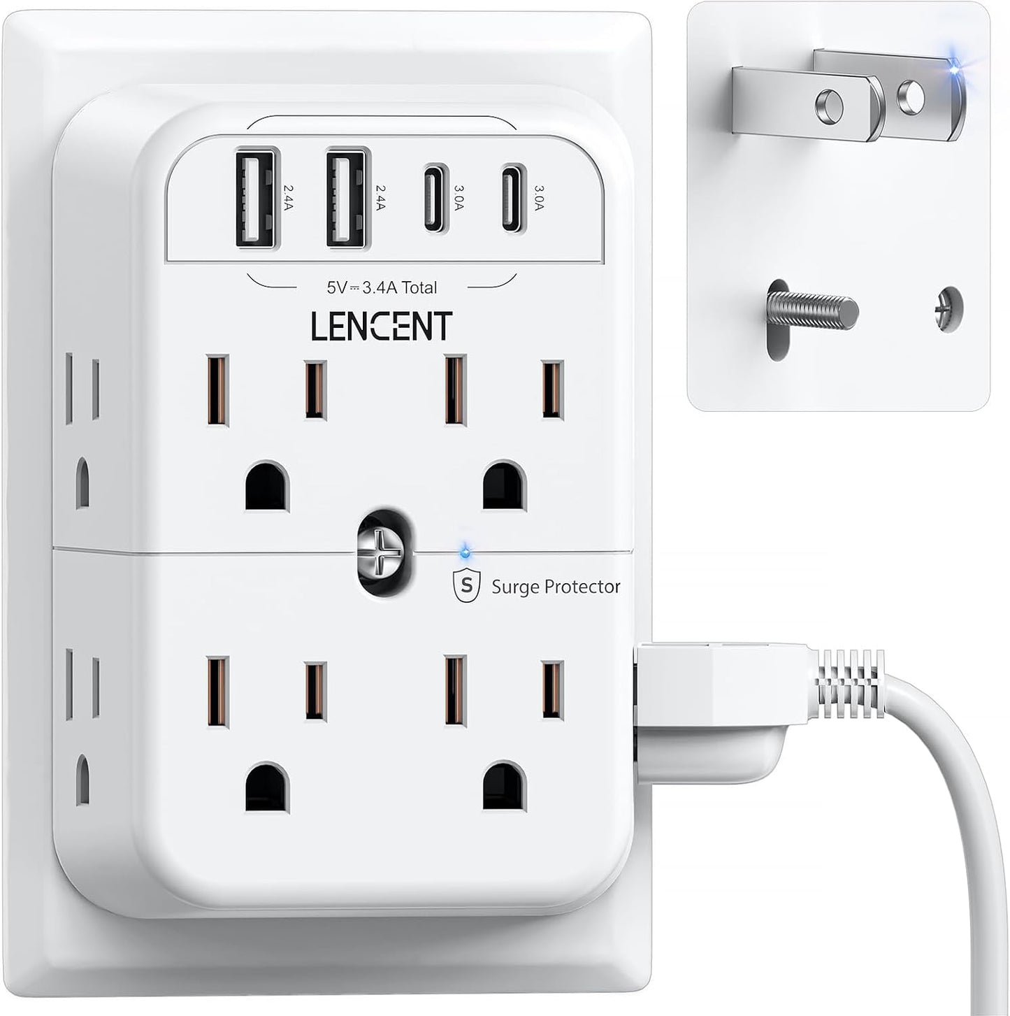 Regleta alimentación 2 puntas 2 USB adaptadores C proteccion sobretension