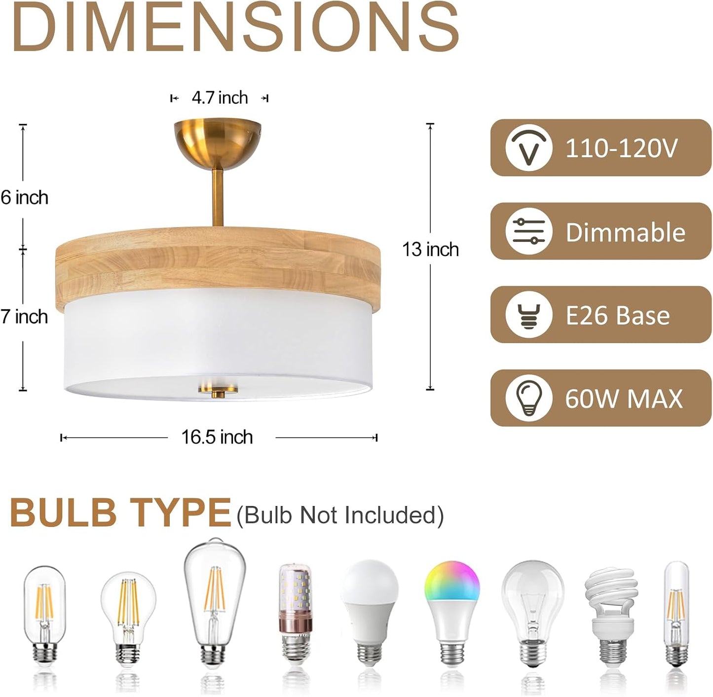 Lámpara techo tambor madera tela pantalla dorada sala dormitorio