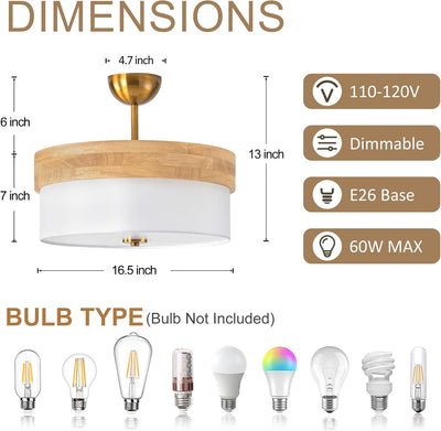Lámpara techo tambor madera tela pantalla dorada sala dormitorio