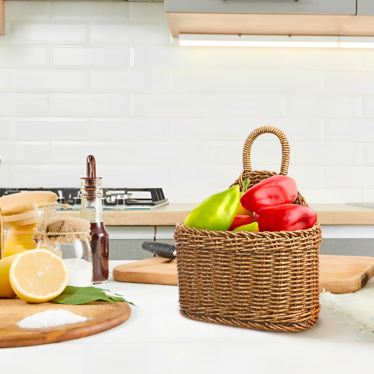 Cesta tejida para colgar almacenamiento cocina bohemia pastoral
