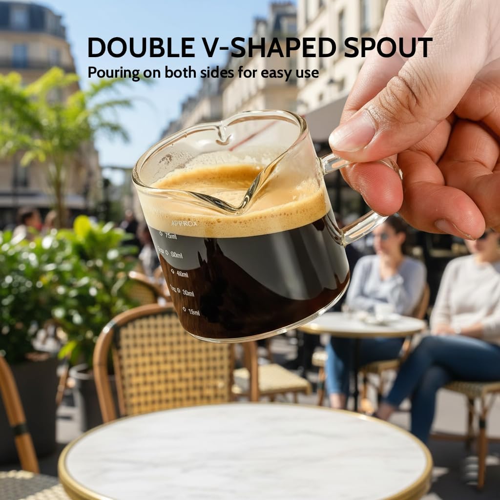 Juego de 2 tazas de café expreso y medidora de vidrio