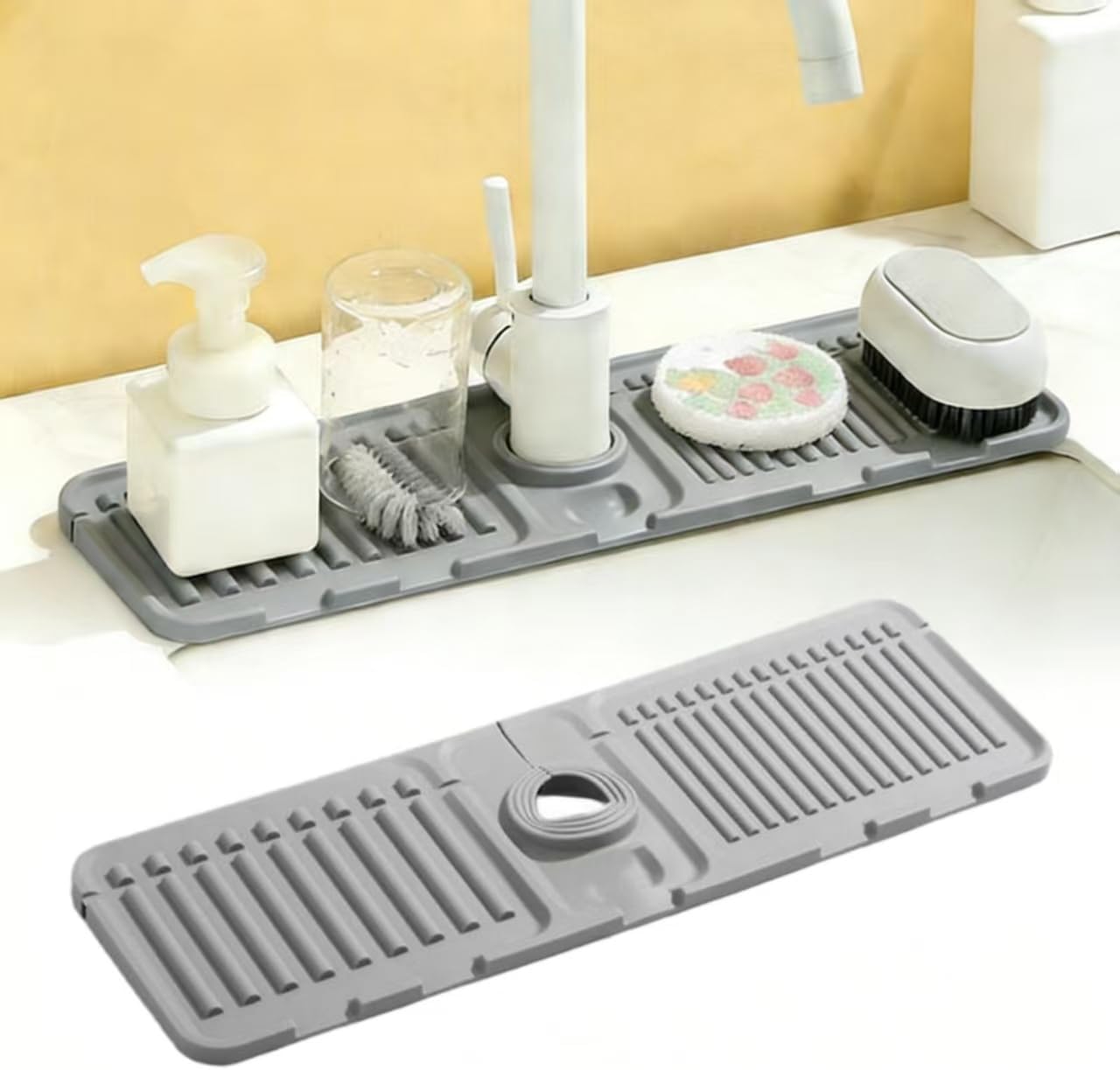 Tapete fregadero gris con jabonera y protector salpicaduras