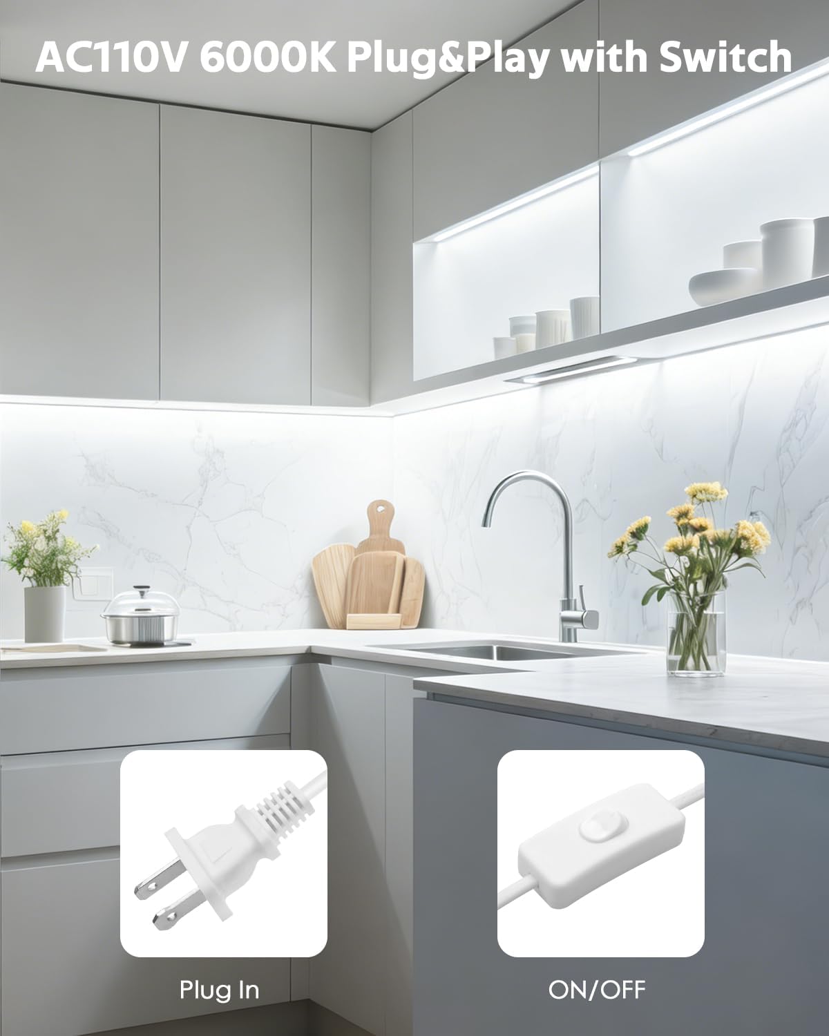 Tira luz LED impermeable autoadhesiva 48pulg cocina con interruptor