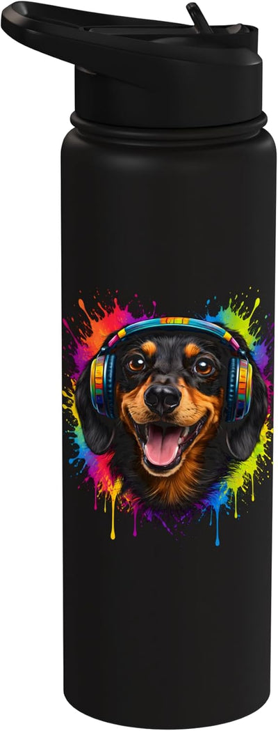 Botella de agua aislada para amantes del wiener dog con audífonos