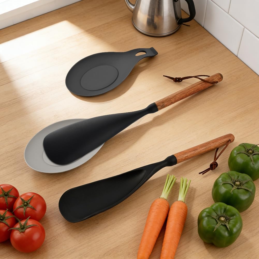 2 cucharas de silicona con mango de madera y reposarillas, espátula antiadherente color negro