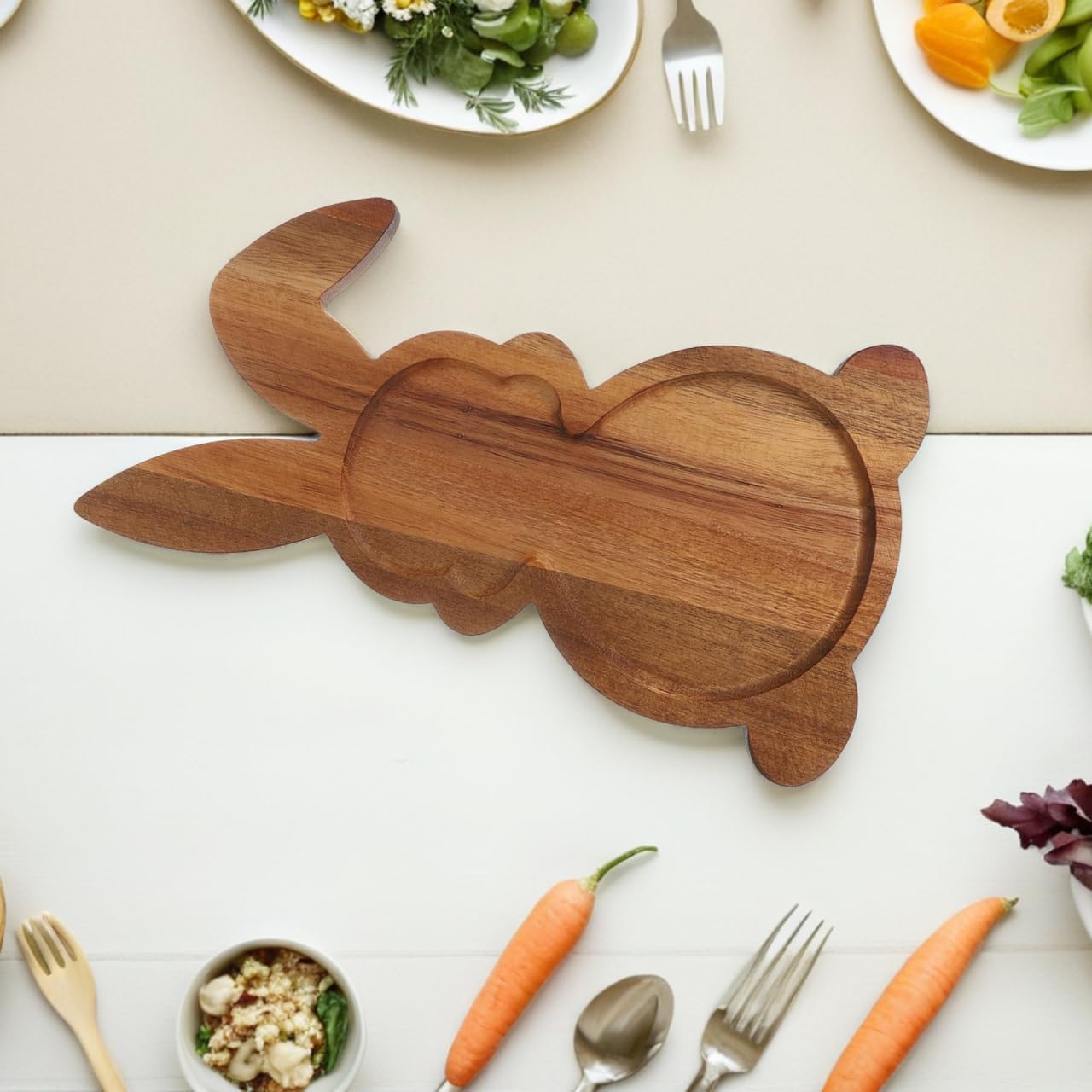 Bandeja de comida en forma de conejo de madera de acacia para fiesta de Pascua
