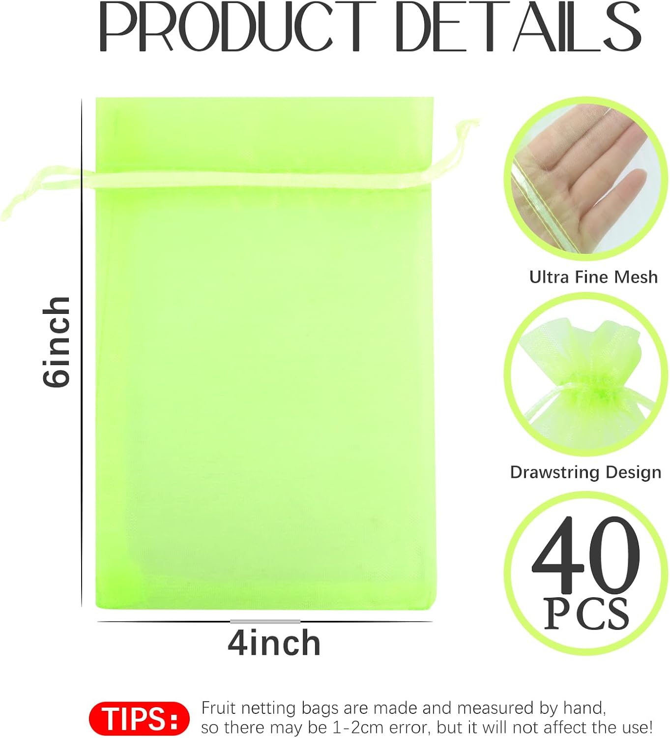 40 Bolsas Malla 3.9x5.9pulg Frutas Reutilizables Transpirables