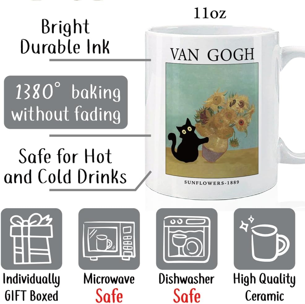 Taza de café con diseño de gatos famosos y girasoles de Van Gogh