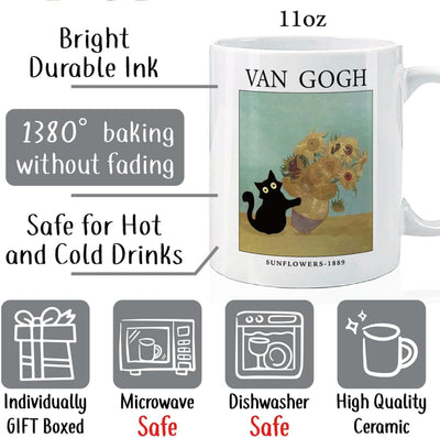 Taza de café con diseño de gatos famosos y girasoles de Van Gogh