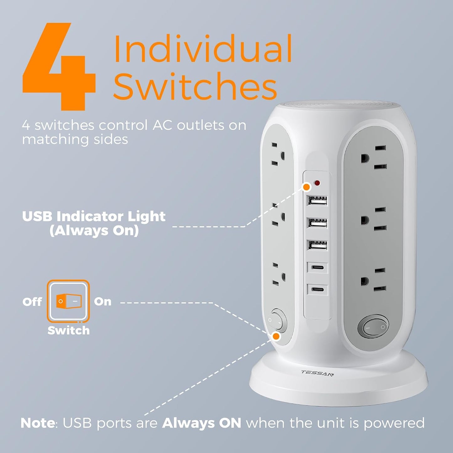 Regleta alimentación torre 12 tomas 5 USB 15ft 1250W oficina gris