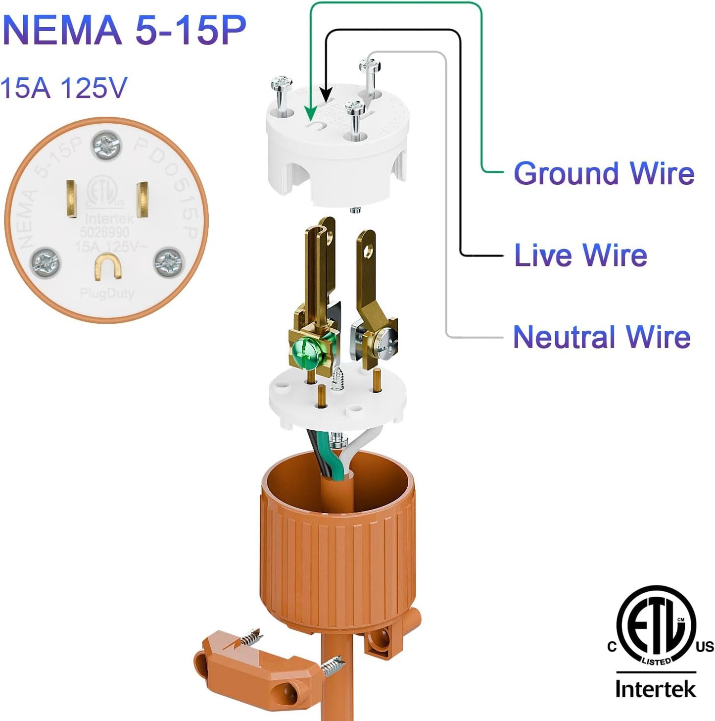 Enchufe naranja NEMA 5-15P 15A 125V comp cables