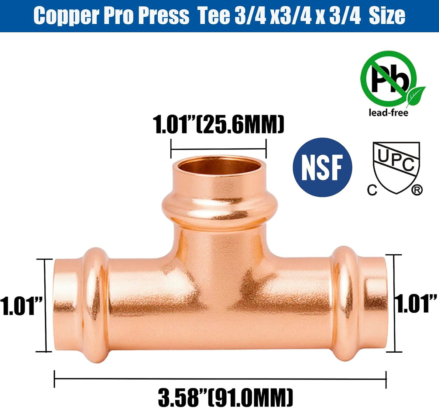 8 Pack Accesorios ProPress Tee 3/4x3/4x3/4 pulg cobre
