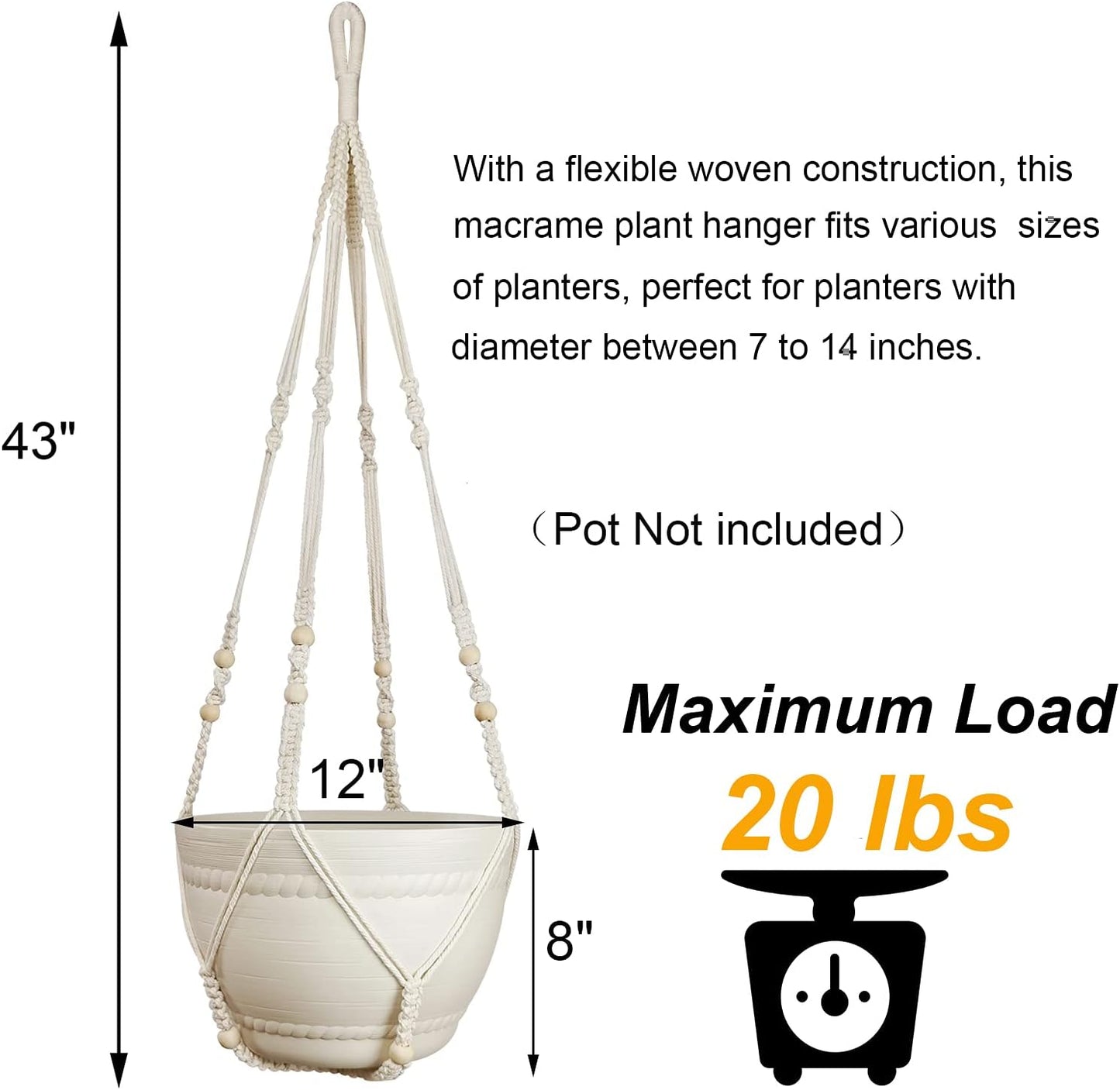 Colgador macramé 43pulg para macetas 12pulg cuerda algodón