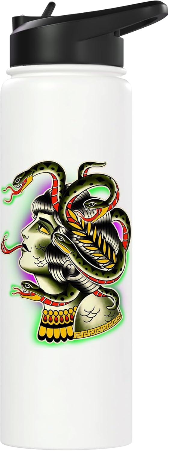 Botella de agua aislada Medusa diosa griega tatuaje flash acero inoxidable