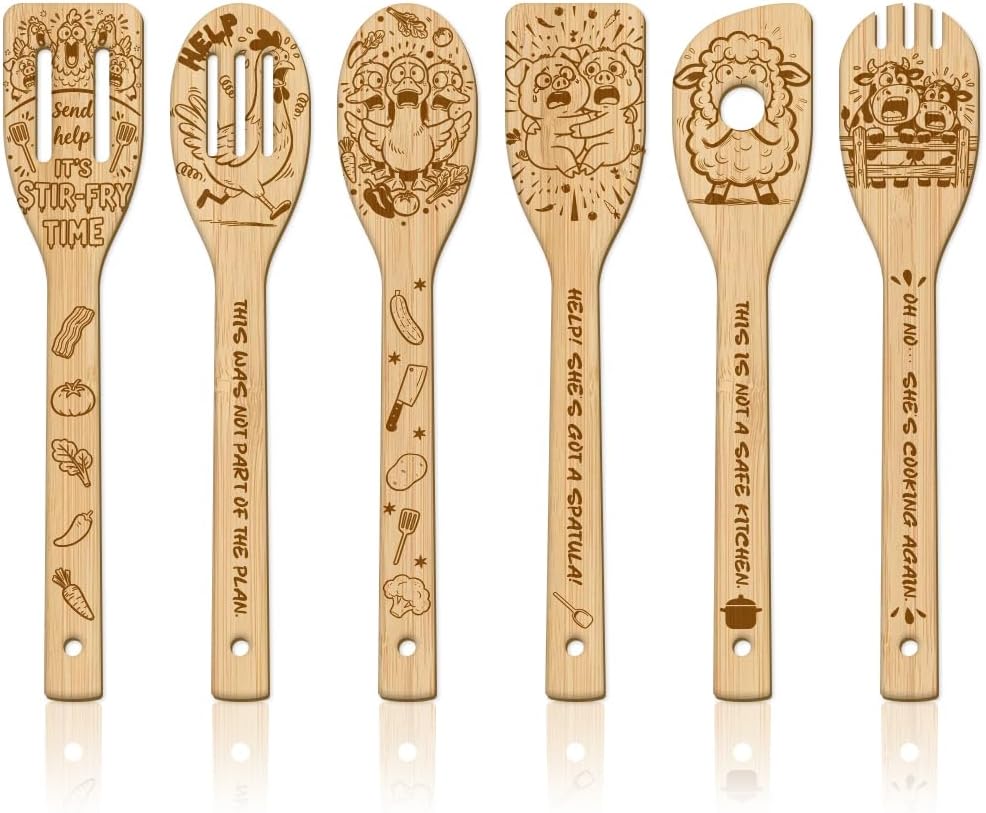 Set 6 cucharas madera animales granja utensilios cocina