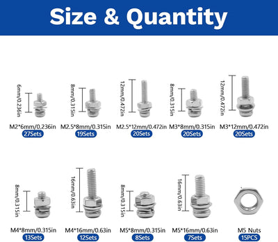Kit 584 piezas métricas acero inox M2-M5 para reparaciones