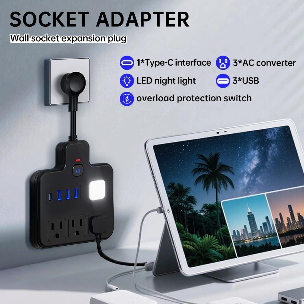 Cable extensión con puertos USB y 3 salidas CA estación carga pared