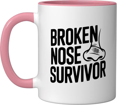 Taza de cerámica para sobrevivientes humorísticos con nariz rota rosa/blanca