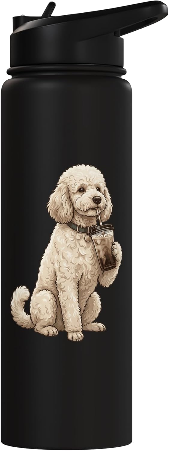 Bebida para perro Poodle amante del café helado acero inoxidable aislada