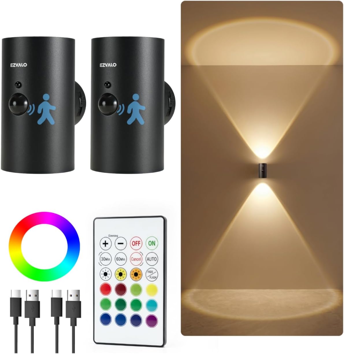 Lámpara pared sensor movimiento RGB 3 temperaturas negro set 2