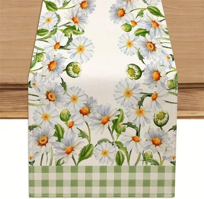 Camino de mesa con margaritas florales de búfalo verde para hogar y fiestas