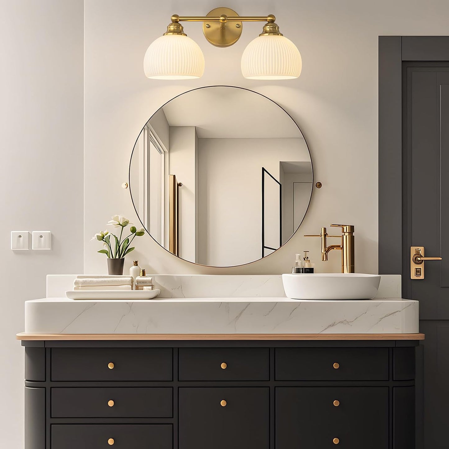 Lámpara baño 2 luces vintage dorado vidrio blanco leche E26