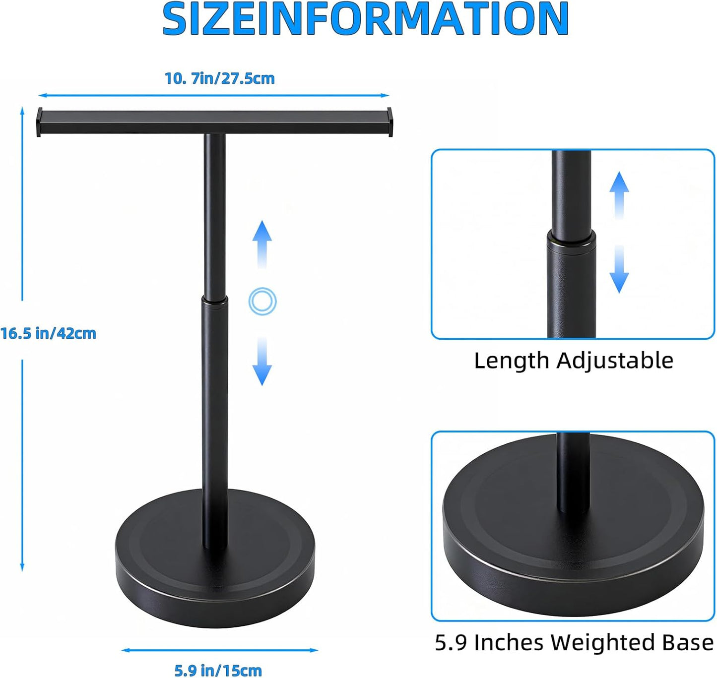 Toallero acero inox ajustable forma T 16.5pulg negro