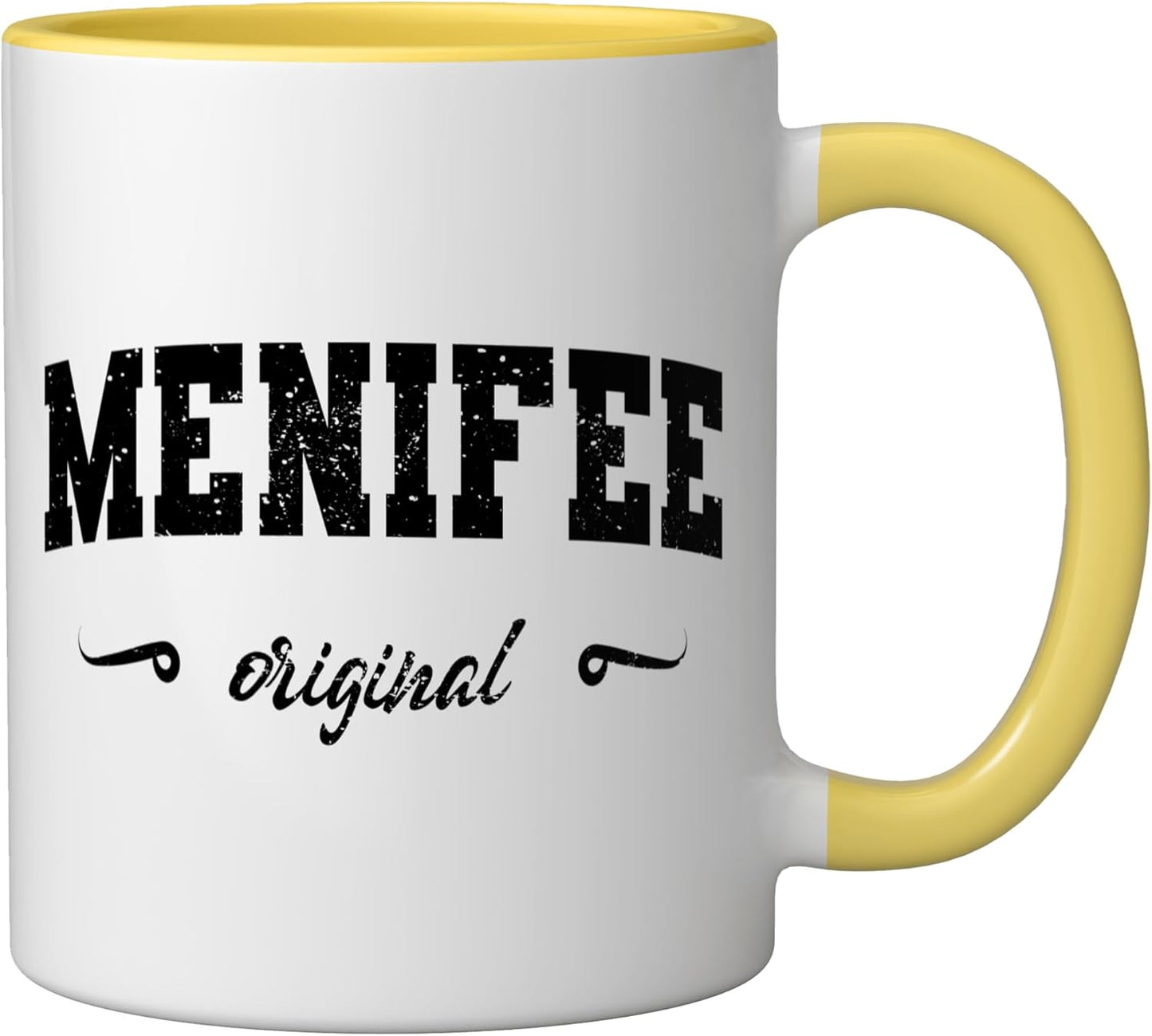 Taza Cerámica Menifee Calif. Estilo Retro Amarillo/Blanco