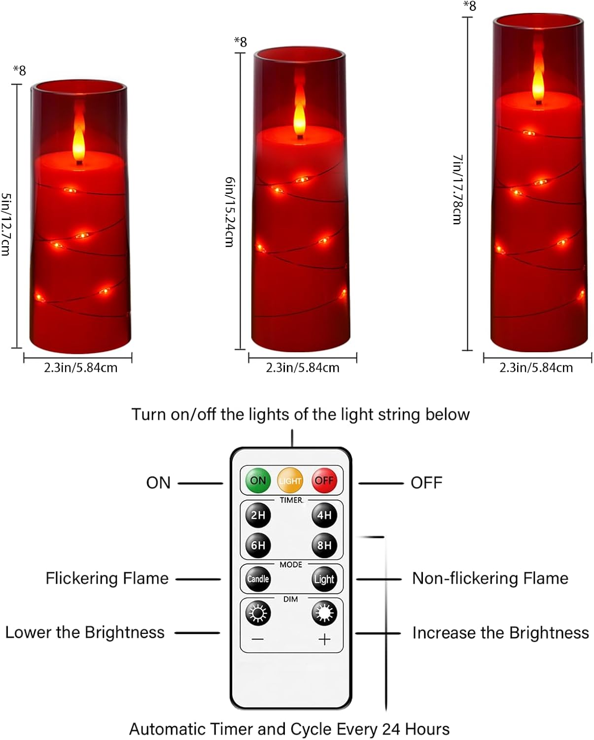 Velas LED parpadeantes con control remoto 24 pzas rojo