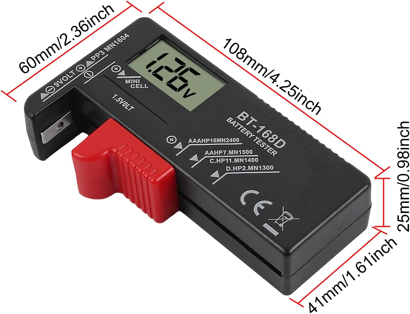 Comprobador baterías universal para AAA AA C D 9V 1.5V