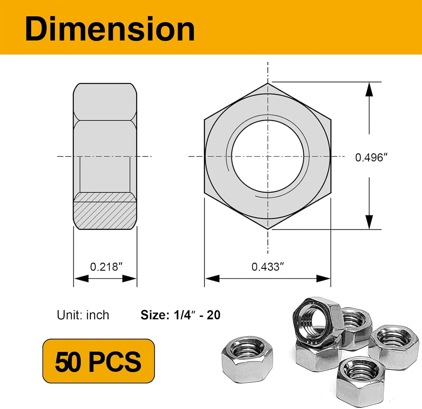 50 Tuercas Hex 1/4-20 Acero Inox 304 Para Bici y Proyectos