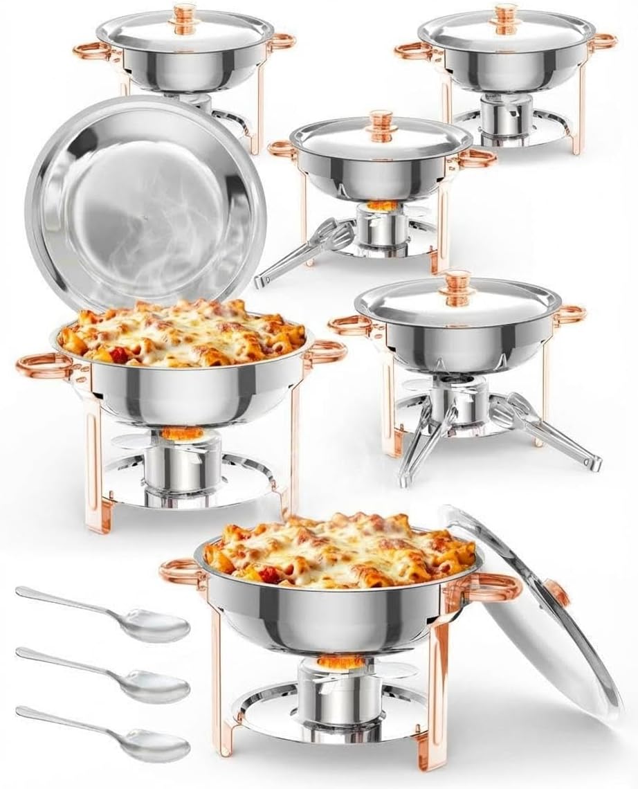 6 Pzas Platos Bufé Acero Inox 5qt Con Tapa Soporte