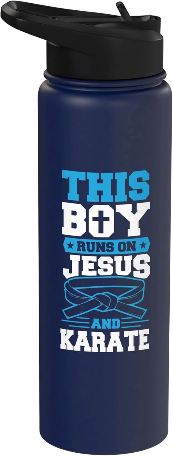 Botella agua acero inox aislada This Boy Runs On Jesus And Karate