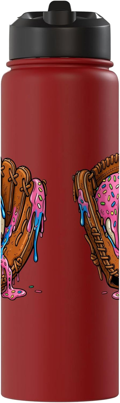 Botella de agua aislada de acero inoxidable con detalles de helado y guantes de béisbol