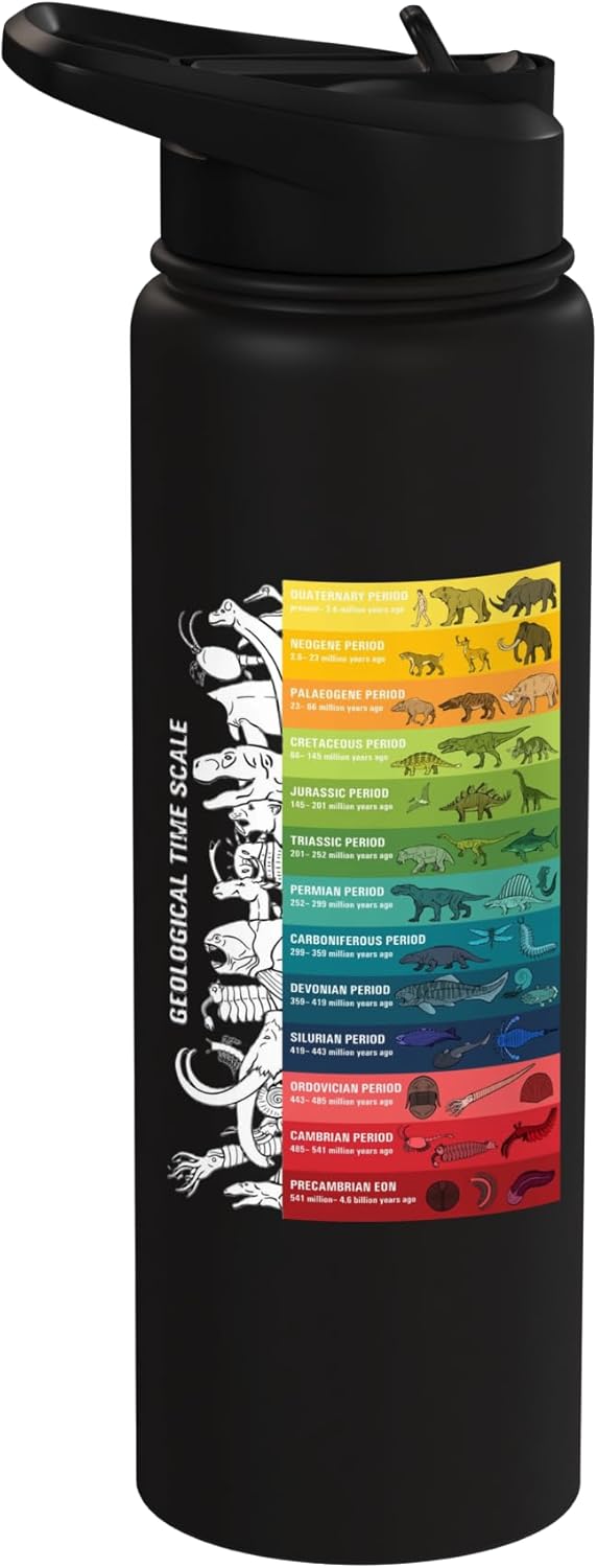 Botella de agua aislada de acero inoxidable con escala geológica y dinosaurio