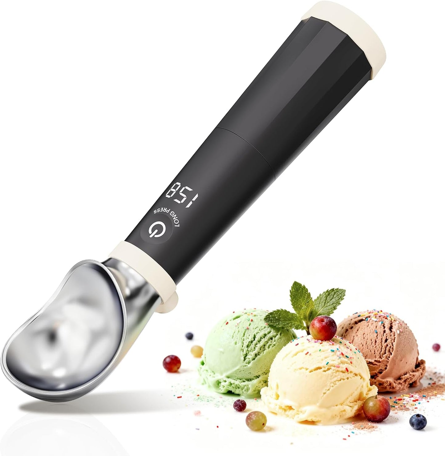Scooper de helado eléctrico recargable con display LED 158℉ negro