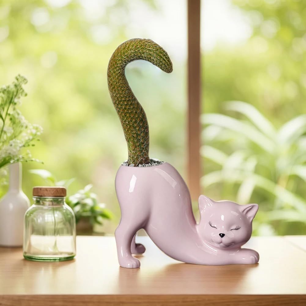 Maceta cerámica para gatos y suculentas escritorio rosa