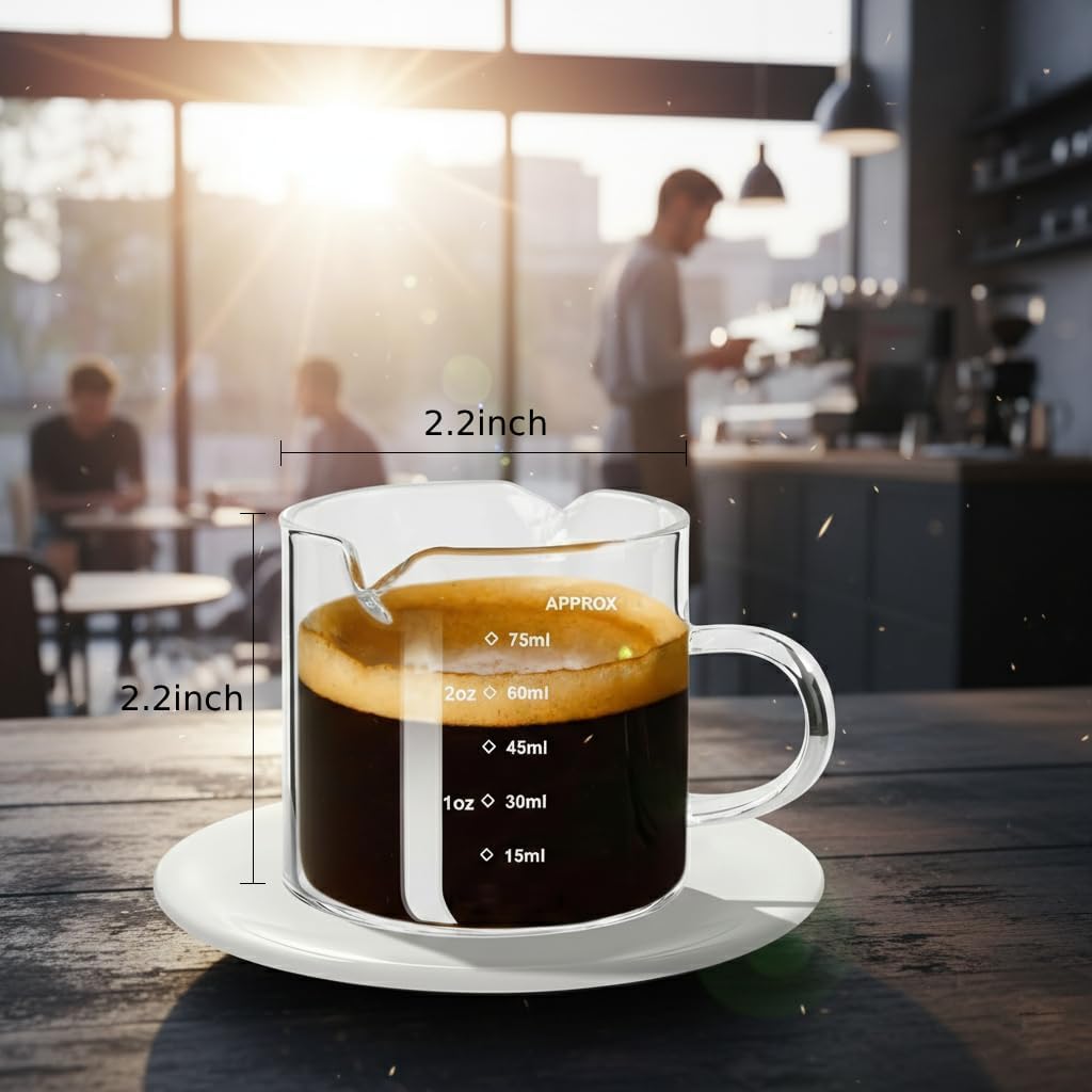 Juego de 2 tazas de café expreso y medidora de vidrio