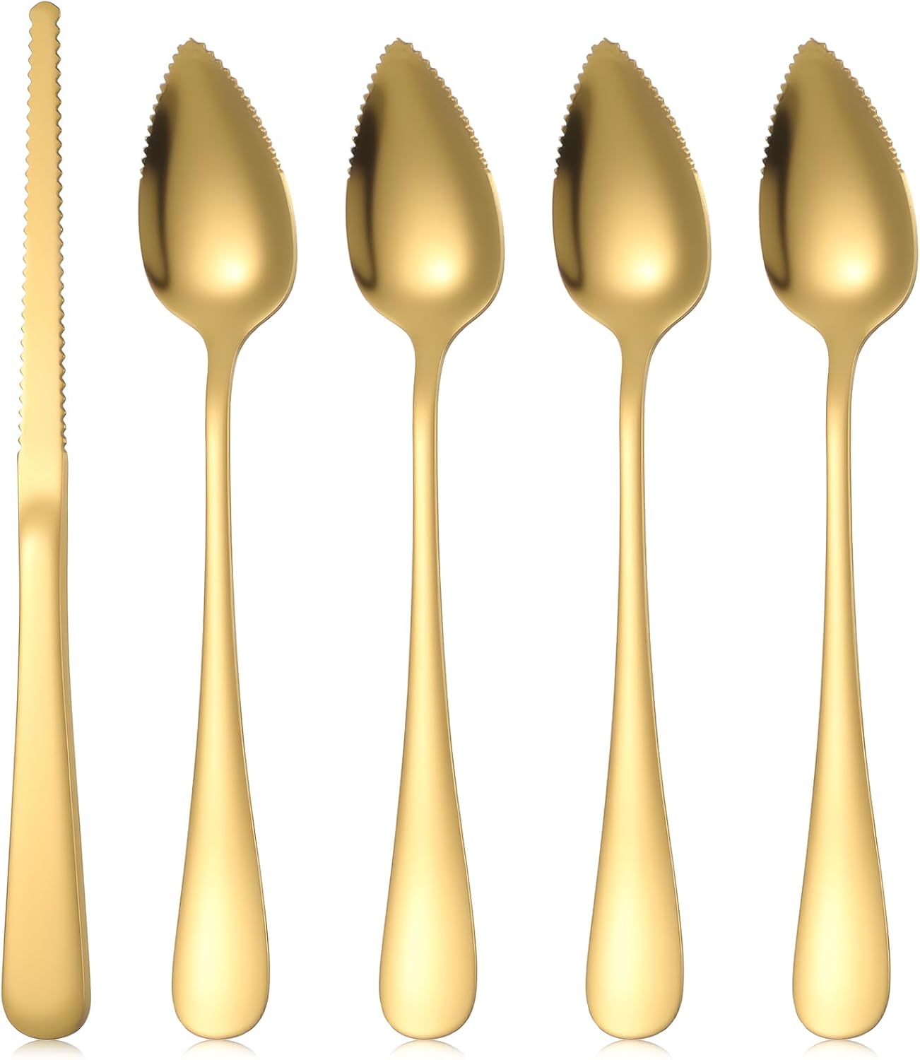 Juego de 5 cucharas y cuchillos dentados de acero inoxidable dorado para cítricos