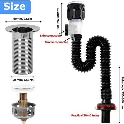 Kit drenaje baño tubo flexible con tapón y colador