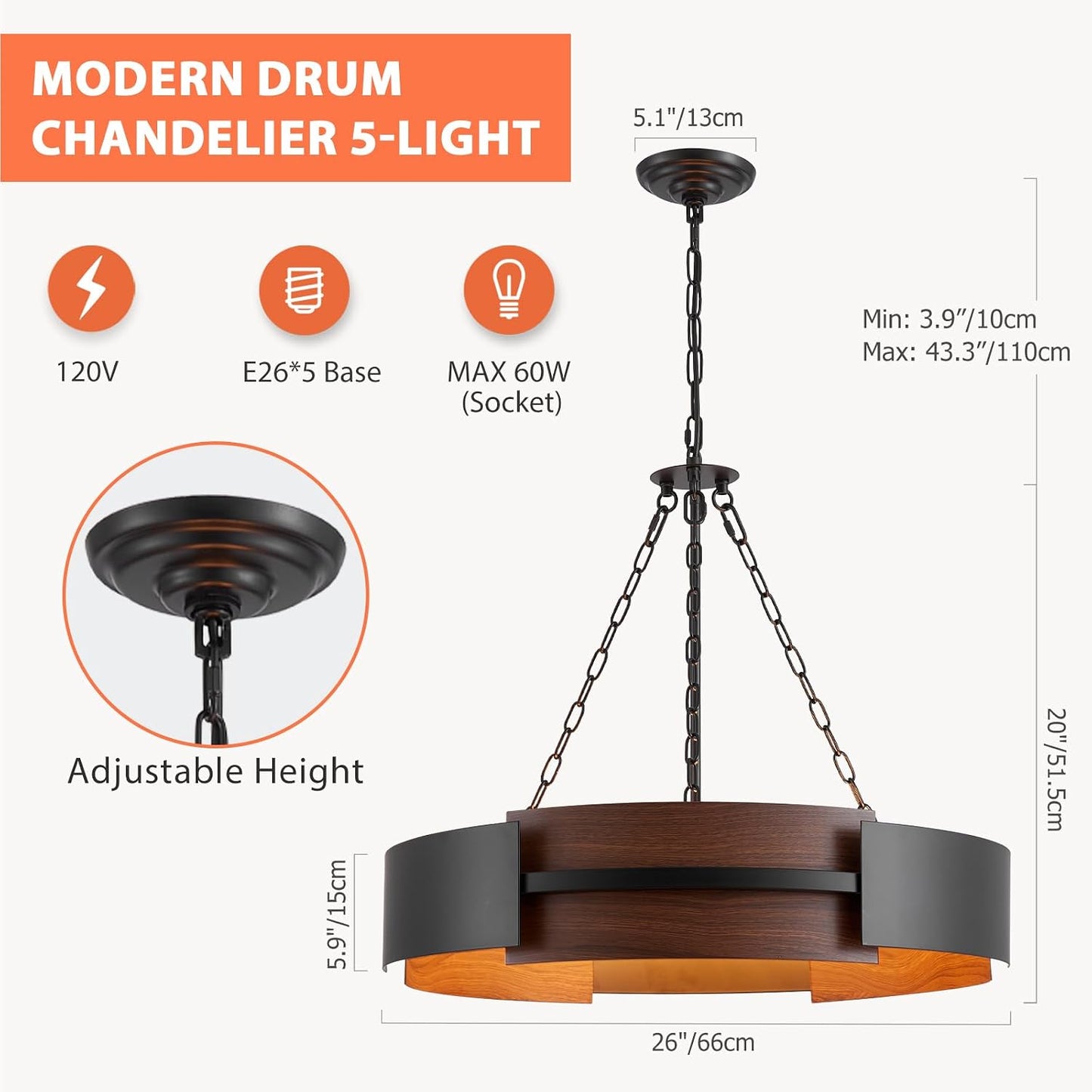 Candelabro industrial 26pulg 5 luces acabado nogal negro