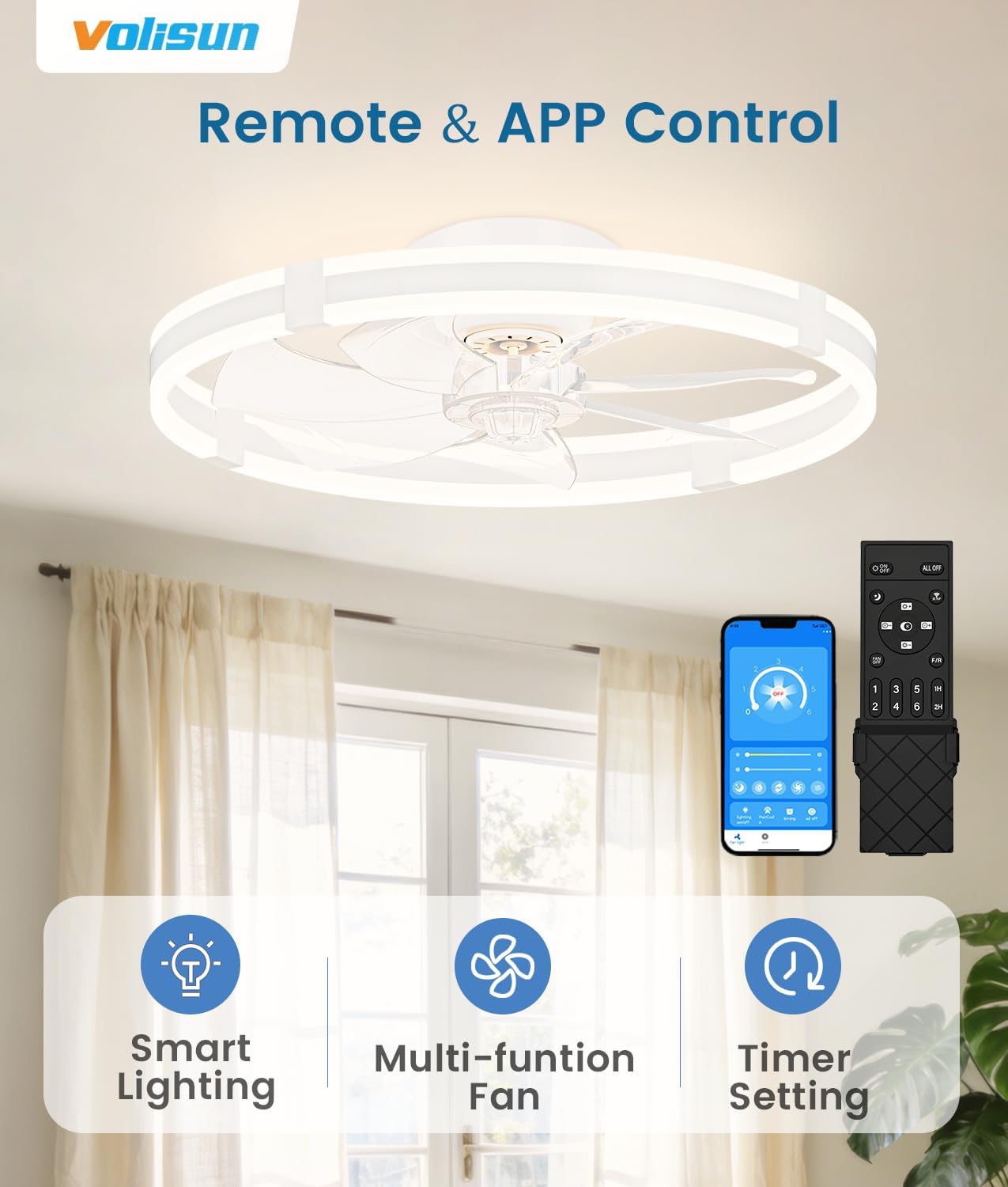 Ventilador techo bajo 23.6pulg luz control remoto 3000-6500K blanco